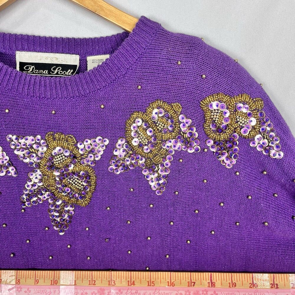 Vintage Dana Scott Amethyst Beaded Sweater Floral Knit Women S - Picture 11 of 16